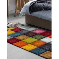 The Carpet Monde Deluxe Vloerkleed Handgesneden, Korte pool, Kleurrijk, Blauw, Wit, Rood, Grijs, Goud, Vierkant patroon, 80x150 cm
