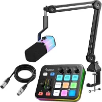 MAONO - Starterspack 2.0 - PD100XS & G1 NEO + XLR Kabel - Podcast Starterspack - Gaming Streaming - USB RGB Microfoon met Boom Arm - Streaming Deck - DJ Mixer