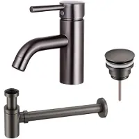 FortiFura Calvi Wastafelkraanset - lage wastafelkraan - klikwaste plug - verlaagde design sifon - Geborsteld Gunmetal PVD SW766540/SW767288/SW767295