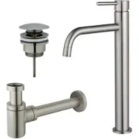 FortiFura Calvi Slim Wastafelkraanset - verhoogde wastafelkraan - klikwaste plug - verlaagde design sifon - Geborsteld RVS PVD (RVS) SW377859/SW696201/SW696217