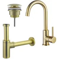 FortiFura Calvi Wastafelkraanset - hoge wastafelkraan - draaibare uitloop - klikwaste plug - design sifon - Geborsteld Messing PVD (Goud) SW809349/SW696202/SW696213