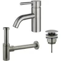 FortiFura Calvi Wastafelkraanset - lage wastafelkraan - klikwaste plug - design sifon - Geborsteld RVS PVD (RVS) SW377856/SW696201/SW696212