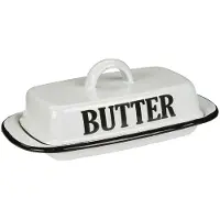 Ambiente Haus Botervloot met deksel Botervlootje Emaille Butter Opdruk Wit Zwart - Glanzend - Boterdoosje - Boterhouder - Boterschaaltje - Botertrommel - Boterrekje