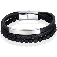 Memphis Heren armband Agaat kraal gevlochten leer Zilverkleurig Zwart - 21cm