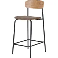 Artichok Justus Barkruk Bruin - Houten Rugleuning - Zwarte Metalen Poten - Stoffen Zitting Bruin - met Voetsteun - Industrieel - Modern - Japandi Stijl