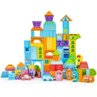 Ecotoys Houten blokken - 100 stuks - stad thema - kleurrijk