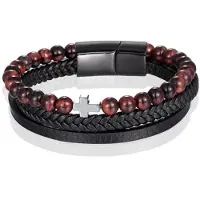 Memphis Heren armband Tijgeroog kraal gevlochten leer Kruis Zwart Bruin - 21cm