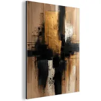 MuchoWow Aluminium schilderij 60x80 cm - Wanddecoratie metaal - Modern - Zwart - Goud - Verf - Metalen muurdecoratie woonkamer - Decoratie industrieel - Foto op dibond - Industriële accessoires slaapkamer