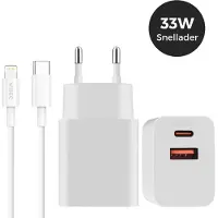 WISEQ 33W USB C snellader met dual-port - USB A en USB C adapter - inclusief Lightning oplaadkabel 1 meter - geschikt voor iPhone 14 / 13 / 12 / 11 / X en iPad - wit -