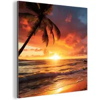 MuchoWow Wanddecoratie Metaal - Aluminium Schilderij Industrieel - Zonsondergang - Palmbomen - Strand - Zee - 90x90 cm - Dibond - Foto op aluminium - Industriële muurdecoratie - Voor de woonkamer/slaapkamer