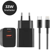 WISEQ 33W Ultra Snellader - Dubbele Snellader USB A & USB C poorten - geschikt voor iPhone 17 / 16 / 15 & MacBooks - geschikt voor Samsung Galaxy - inclusief 3 m USB C naar Lightning kabel - zwart -