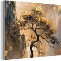 MuchoWow Aluminium schilderij 40x30 cm - Wanddecoratie metaal - Boom - Goud - Landschap - Verf - Metalen muurdecoratie woonkamer - Decoratie industrieel - Foto op dibond - Industriële accessoires slaapkamer
