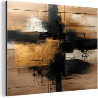 MuchoWow Aluminium schilderij 80x60 cm - Wanddecoratie metaal - Modern - Zwart - Goud - Verf - Metalen muurdecoratie woonkamer - Decoratie industrieel - Foto op dibond - Industriële accessoires slaapkamer