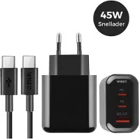 WISEQ 45W snellader GaN technologie - adapter USB A en USB C poorten - inclusief USB C naar USB C kabel 1 meter - geschikt voor Samsung Galaxy en iPhone 17 / 16 / 15 - zwart -