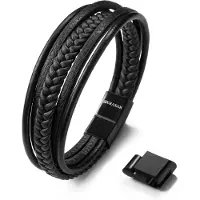 SERASAR Leren Polsband voor Heren [Braid] - Zwart 23cm - Manchetwikkeltouwarmband