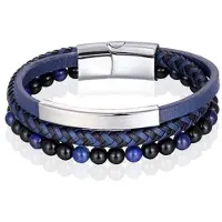 Memphis Heren armband Tijgeroog kraal gevlochten leer Zilverkleurig Blauw - 21cm