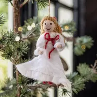 Sjaal met Verhaal Hanger Vilt Figuurtje Kerst - Notenkraker Clara - Wit/Rood - 14cm - Handgemaakt & Fairtrade