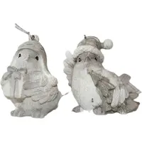 Goodwill Kerstbal-Kersthanger-Kerstvogel Wit-Beige-Grijs H 7.5 cm Voordeelaanbod assortiment van 2 stuks