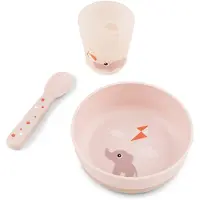 Done by Deer - Foodie First Meal Set - Playground Powder - Bowl: 12.5 x H 4.5 cm, Cup: 6.5 x H 7 cm, Spoon: 14 cm