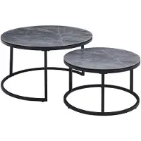 Molecule Salontafel set van 2 rond nestbaar zandstructuur frame glaslook blad zwart grijs