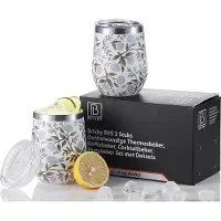 Brisby RVS 2 Stuks Dubbelwandige Design Thermosbeker, Partybeker Set met Deksels – White Flower