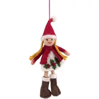 Sjaal met Verhaal Hanger Vilt Figuurtje Kerst - Meisje met Vlechten Holly Berry - Kerstkleding en Kerstmuts - Rood/Wit - 21cm - Handgemaakt & Fairtrade