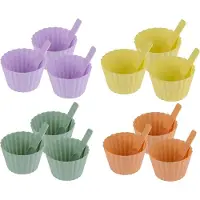 Alpina Dessert/vla/yoghurt bakje met lepel - 12x stuks - kunststof - 11 x 7 cm - verschillende kleuren