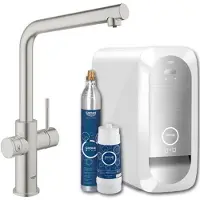 GROHE Blue Home 1-gats keukenkraan m. duo L-uitloop starterkit m. Wifi bluetooth Chilled & Sparkling 3x gekoeld + 3x bruisend water supersteel