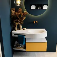 Mondiaz Riva badmeubel 100cm Ocher met 1 lade en wastafel rechts 0 kraangaten Talc