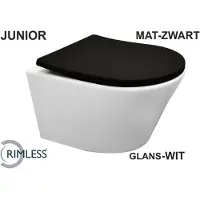 Wiesbaden Vesta junior wandcloset rimless verkort glans wit Shade slim toiletzitting softclose en quick release mat zwart