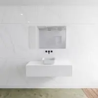 Mondiaz Badkamermeubelset LAGOM 120 cm met Topblad Gecentreerde Wastafel Solid Surface Opzetkom Binx Zonder Kraangaten Mat Wit (1 lade)
