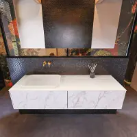 Mondiaz Erin 150cm badmeubel Carrara met 2 lades en beige wastafel links zonder kraangaten