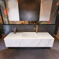 Mondiaz Erin 150cm badmeubel Carrara met 1 lade en beige wastafel midden 1 kraangat
