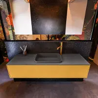 Mondiaz Erin 150cm badmeubel Ocher met 1 lade en donkergrijze wastafel midden 1 kraangat