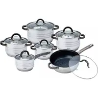 Klausberg Elegante roestvrijstalen steelpannenset met glazen deksel, 6 stuks, Pan + steelpan, Zilver