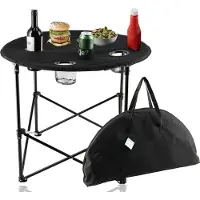 Discountershop Picknicktafel Inklapbaar Ø 72,5 cm x h 60 cm x B 51 cm - Lichtgewicht campingtafel met hoes en bekerhouders