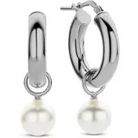 New Bling 9NB-0839 Zilveren Oorringen - Dames - Hanger - Parel - 8 mm Doorsnee - Oorringen - 18 x 4 mm - Rhodium - Zilver