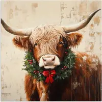 PosterMonkey Poster 75x75 cm - Kerst - Schotse Hooglander - Bruin - Krans - Posters - Kamer decoratie - Wanddecoratie woonkamer - Muurdecoratie slaapkamer - Kerstversiering - Kerstdecoratie voor binnen - Kerstmis