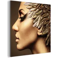 MuchoWow Aluminium schilderij 90x90 cm - Wanddecoratie metaal - Vrouw - Abstract - Goud - Portret - Metalen muurdecoratie woonkamer - Decoratie industrieel - Foto op dibond - Industriële accessoires slaapkamer