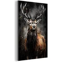 MuchoWow Aluminium schilderij 40x60 cm - Wanddecoratie metaal - Hert - Zwart - Dier - Hertenkop - Metalen muurdecoratie woonkamer - Decoratie industrieel - Foto op dibond - Industriële accessoires slaapkamer