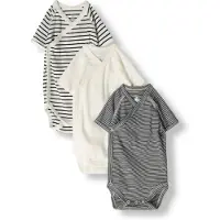 Petit Bateau SET VAN 3 OVERSLAGBODY'S MET KORTE MOUWEN EN STREEPJES VAN KATOEN Unisex Rompertje - Wit/Blauw + Blauw/Wit + Wit