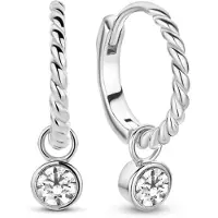 New Bling 9NB-0770 Zilveren Oorringen met Hangertje - Dames - Zirkonia - 5 mm Doorsnee - Oorringen - Bewerkt - 15 x 1,6 mm - Rhodium - Zilver