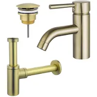 FortiFura Calvi Wastafelkraanset - lage wastafelkraan - always open plug - design sifon - Geborsteld Messing PVD (Goud) SW720547/SW696208/SW696213
