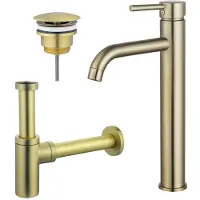 FortiFura Calvi Wastafelkraanset - verhoogde wastafelkraan - always open plug - design sifon - Geborsteld Messing PVD (Goud) SW720549/SW696208/SW696213