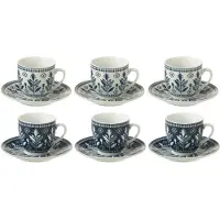 J-Line Doos met 6 koffiekopjes + schotels Bladeren Keramiek Donkerblauw