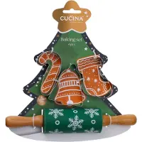 Cucina Kerst 4-delige bakset voor kinderen in cadeauverpakking, met deegroller, bakvormen: kerstklok, kerst sok, zuurtje snoep (cadeau idee voor de feestdagen / Kerstmis!)