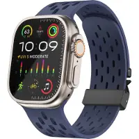 Strap-it Ademend siliconen sport bandje met parachute sluiting - geschikt voor Apple Watch (Series 12/11/10), (Ultra 4/3/2/1), (SE 3/2/1), (Series 9/8/7/6/5/4) - 44/45/46/49mm (donkerblauw))