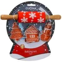 Cucina Kerst 4-delige bakset voor kinderen in cadeauverpakking, met deegroller en bakvormen: kerstboom / den, sneeuwpop, Kerst huisje ROOD (cadeau idee voor de feestdagen / Kerstmis!)