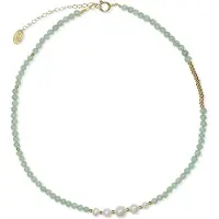 CO88 Collection 8CN-26327 Jade Kralen en Parelketting - Dames - jade - Parel - Staal - Kraal 4 mm - 40 + 5 cm Lengte - Groen/Wit /Goudkleurig