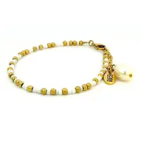 CO88 Collection CO88 Colection 8CB-91025 Stalen Armband met Kralen - Dames - Goudkleurig - 3 mm - Wit - 2,5 mm - Parel - 12,5 x 7,5 mm - 16,5 + 3 cm